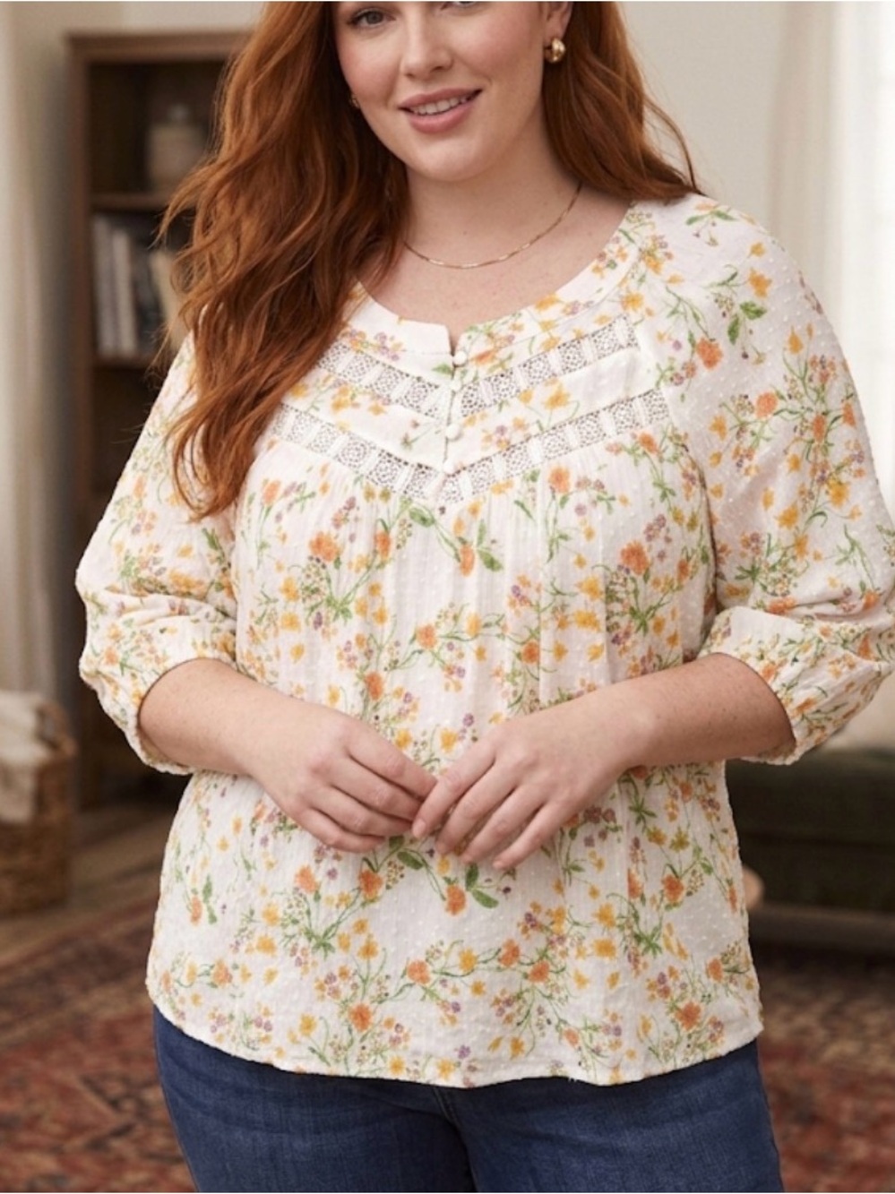 Rose + Olive White Floral Textured Dot Crochet Lace Button Front Top Size 1X